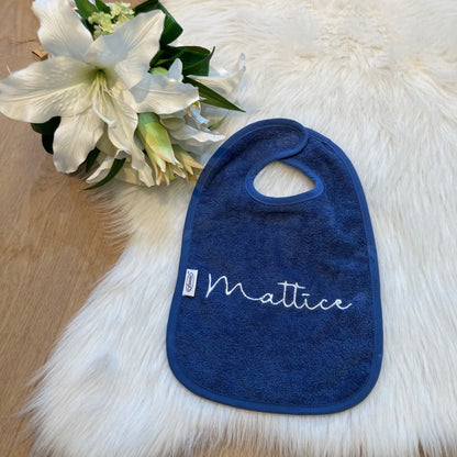 Slab met naam | Gepersonaliseerde baby slab katoen | Demin Blue