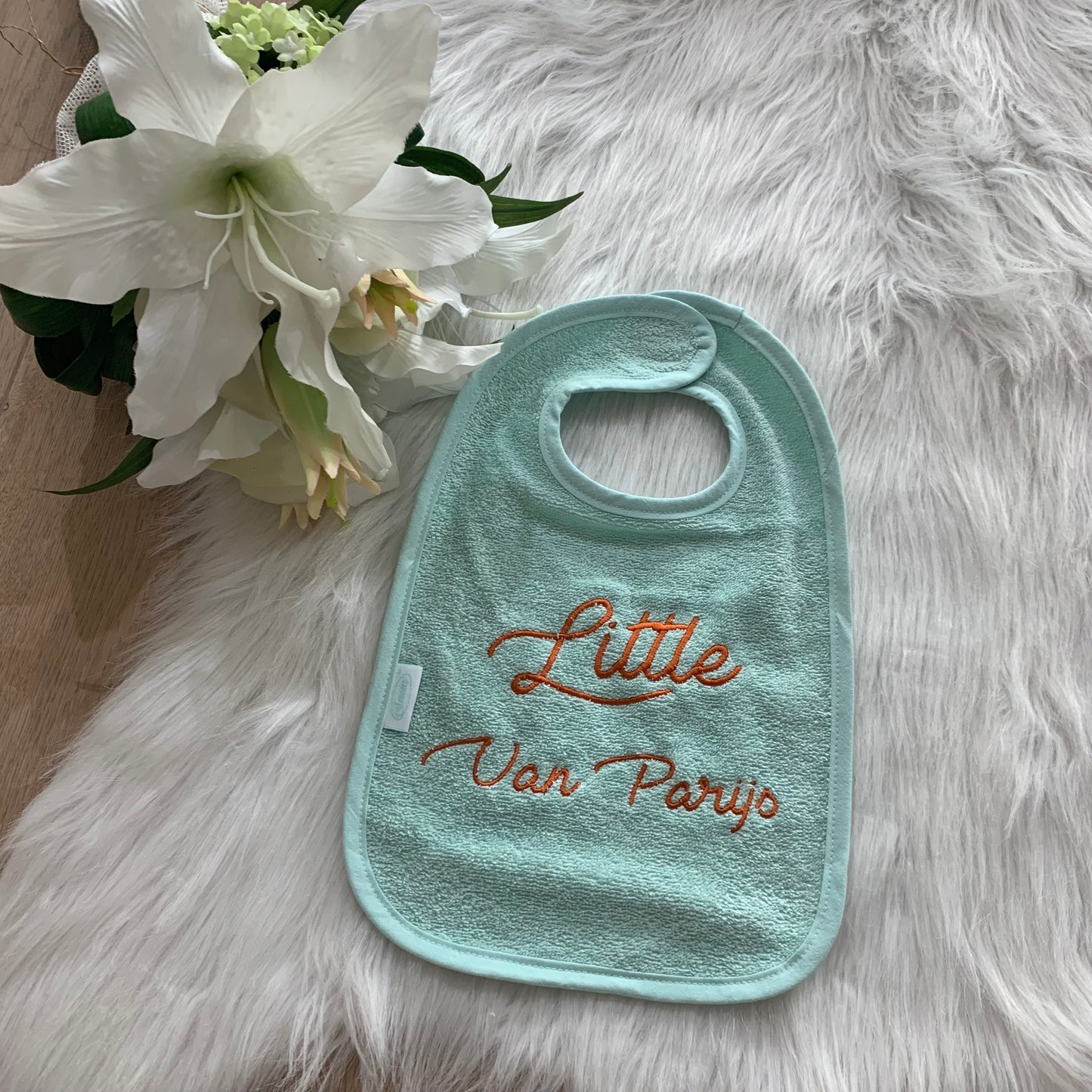 Slab met naam | Gepersonaliseerde baby slab katoen | Soft mint