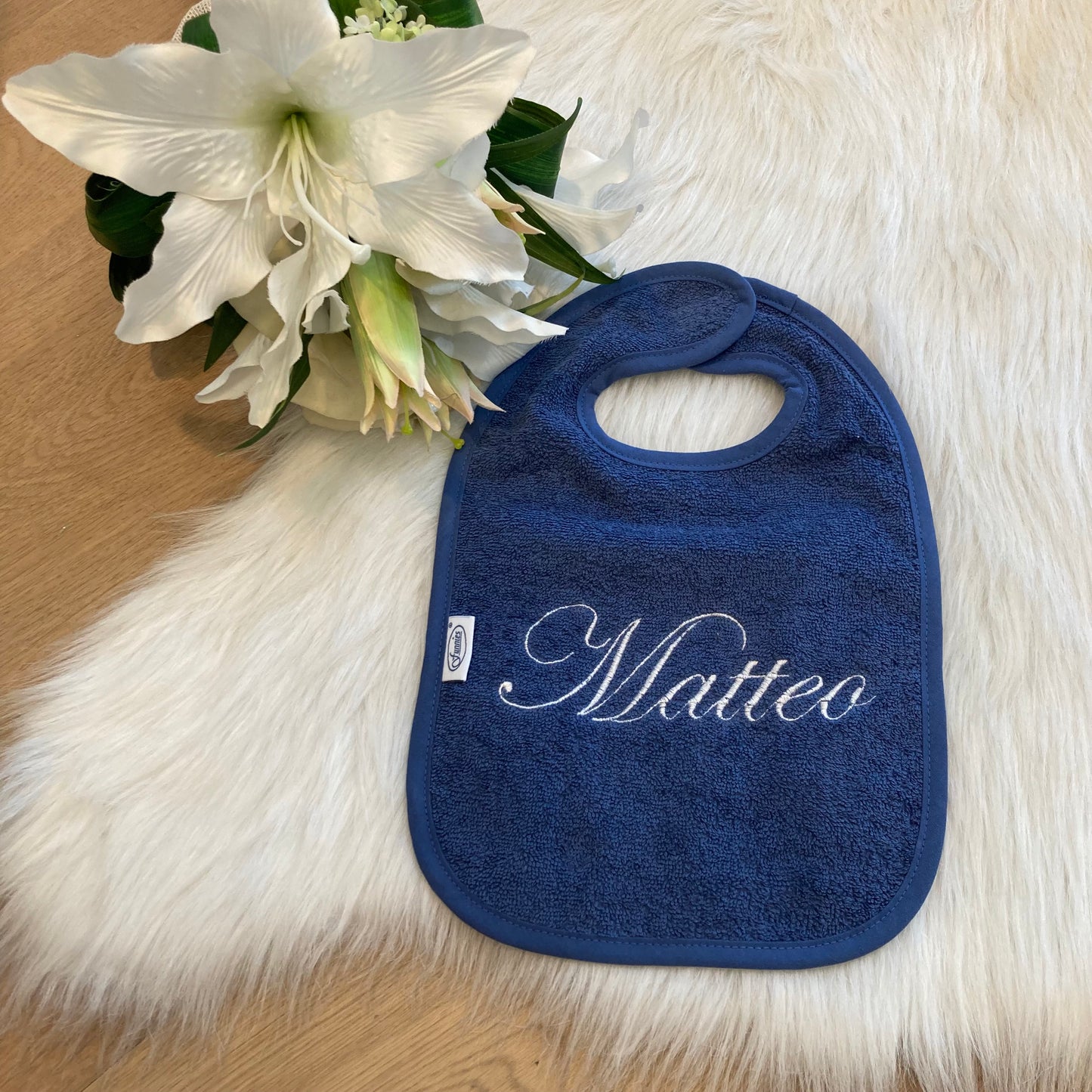 Slab met naam | Gepersonaliseerde baby slab katoen | Demin Blue