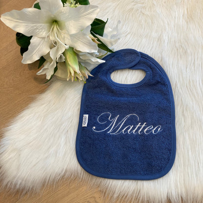 Slab met naam | Gepersonaliseerde baby slab katoen | Demin Blue