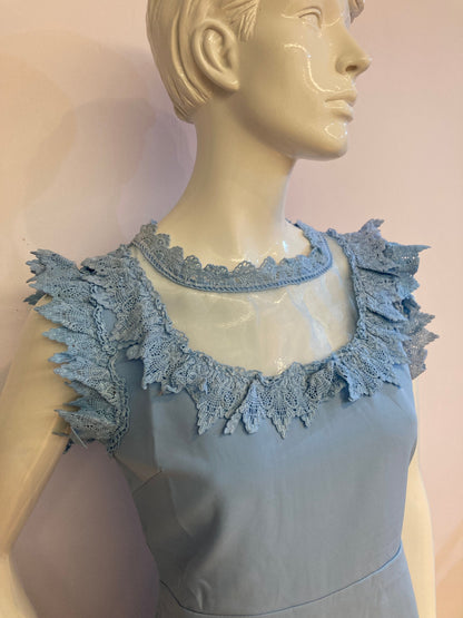 Blue dress with chiffon and lace at bust and collar.