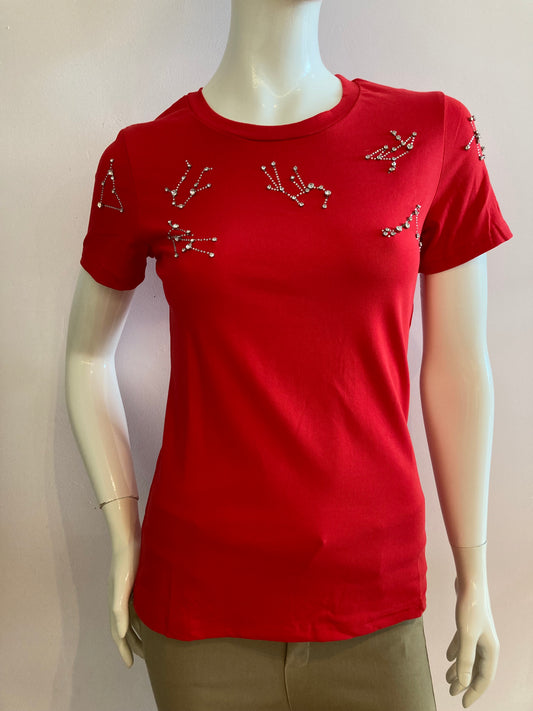 Red t-shirt with rhinestones on the bust