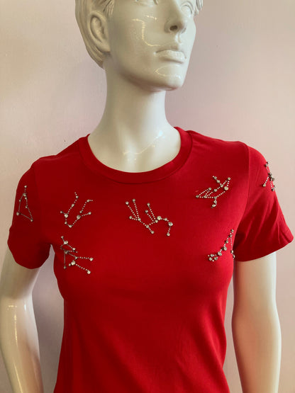 Red t-shirt with rhinestones on the bust