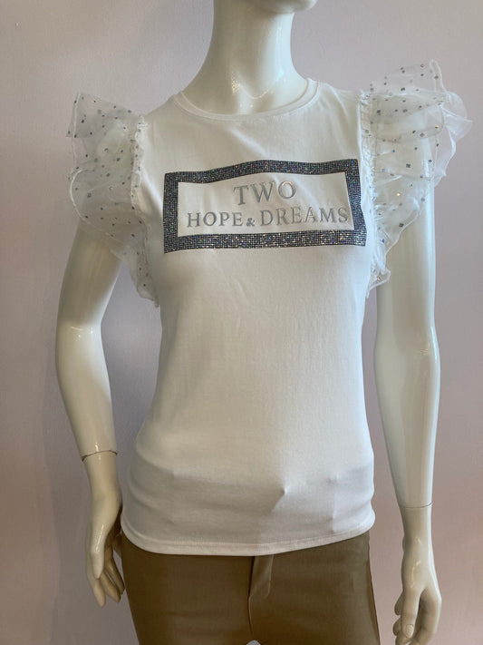 White t-shirt with rhinestones and tulle sleeves