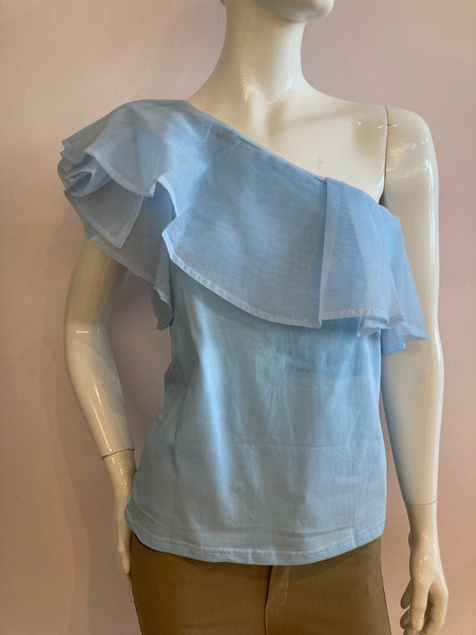 Crossover top with ruffle in turquoise