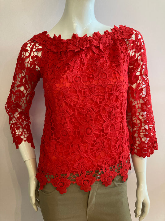 Red boat neck top in pretty lined lace