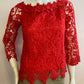 Red boat neck top in pretty lined lace