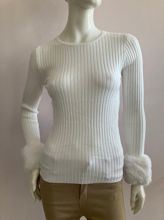 Ribbed sweater with faux fur sleeves
