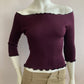Burgundy ribbed knit boat neck crop top