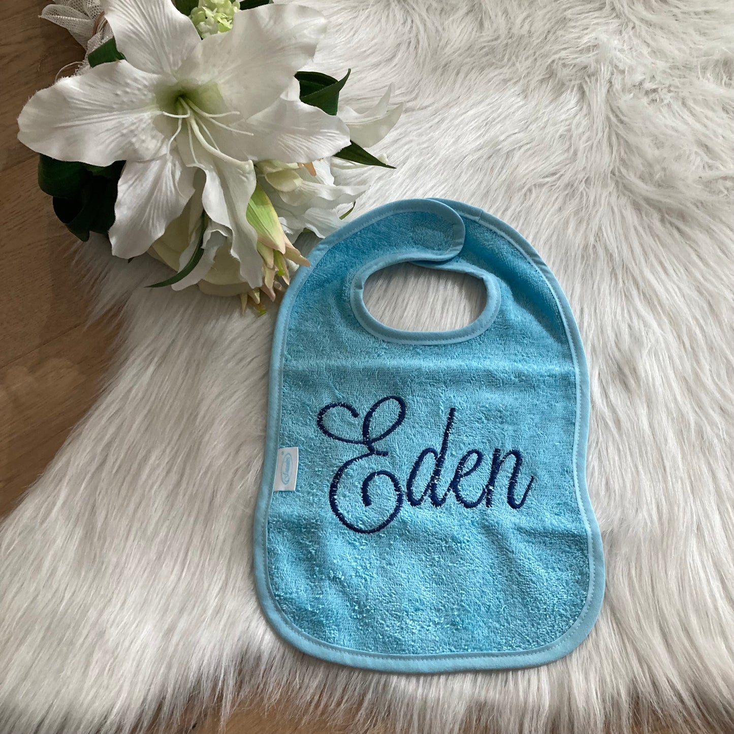 Slab met naam | Gepersonaliseerde baby slab katoen | Sky Blue