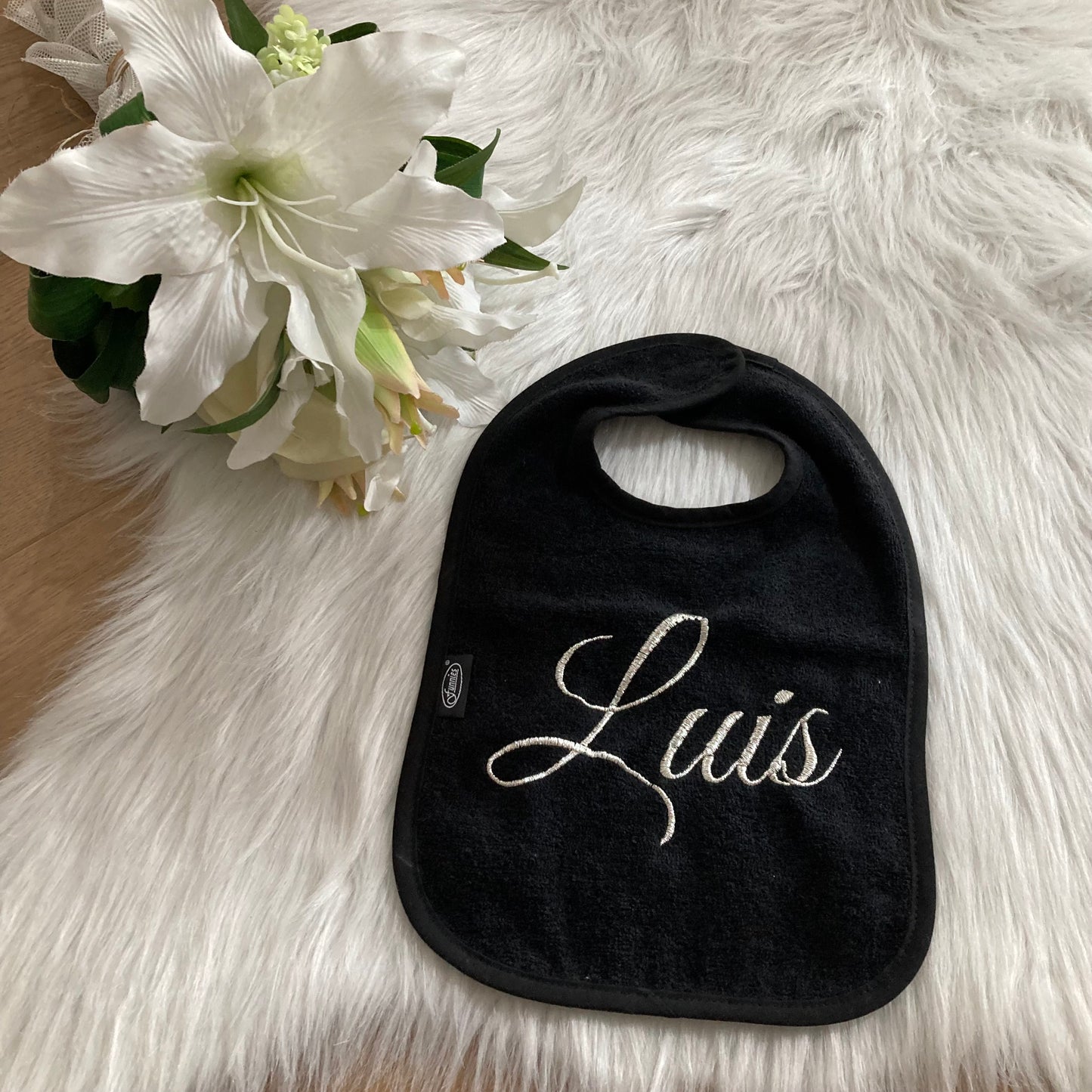 Slab met naam | Gepersonaliseerde baby slab katoen | Midnight Black