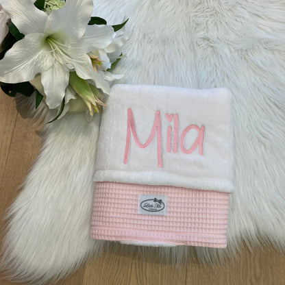 Warm Wafel Winterdekentje met naam | Gepersonaliseerde | Baby Pink/ soft cloud