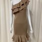 Beige asymmetric ribbed ruffle tube dress