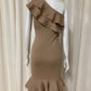 Beige asymmetric ribbed ruffle tube dress