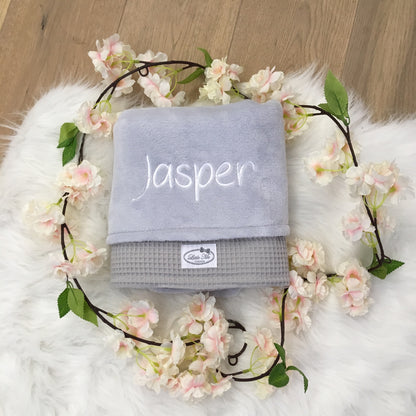 Warm Wafel Winterdekentje met naam | Gepersonaliseerde | Mist Grey