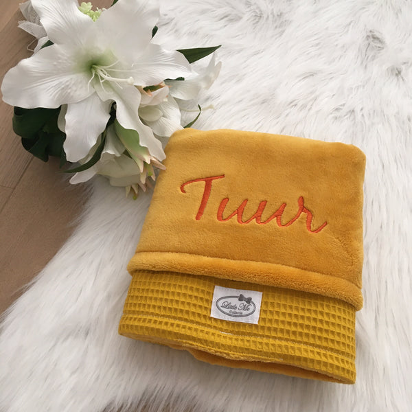 Warm Wafel Winterdekentje met naam | Gepersonaliseerde | Gold Oker