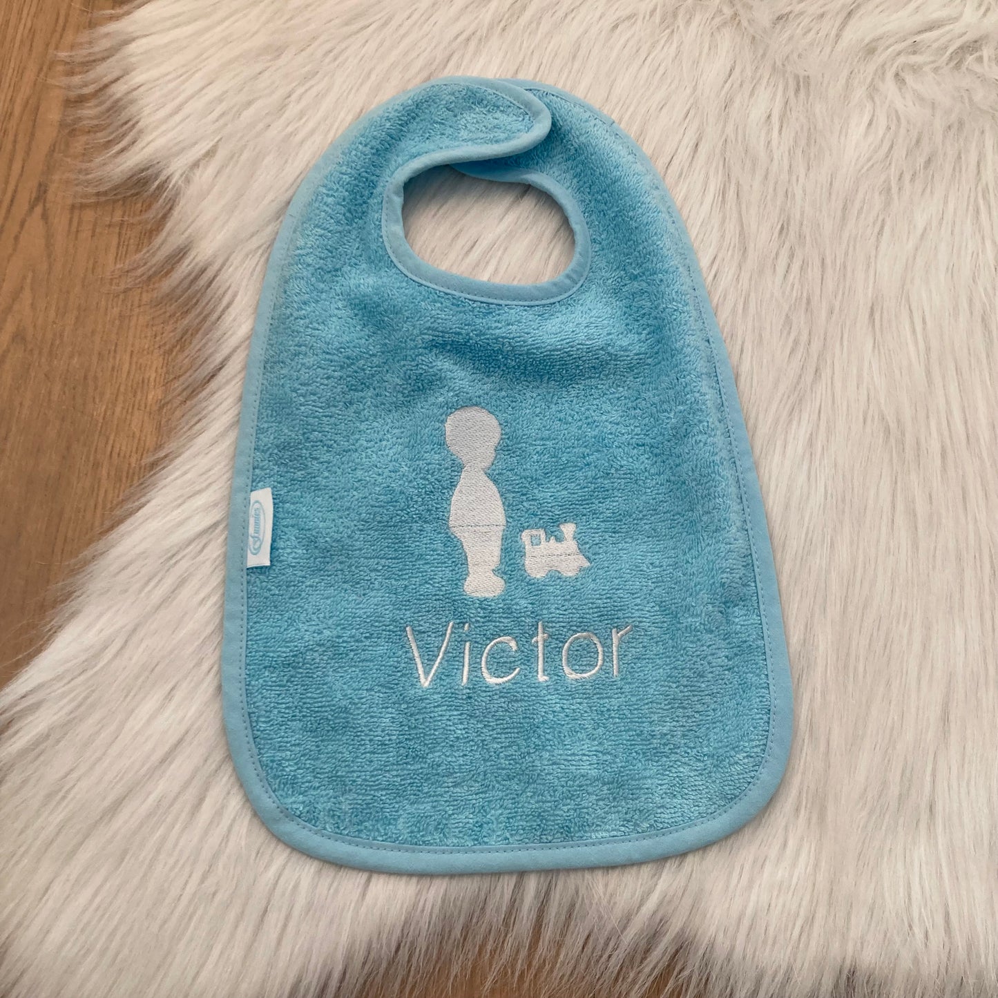 Slab met naam | Gepersonaliseerde baby slab katoen | Sky Blue