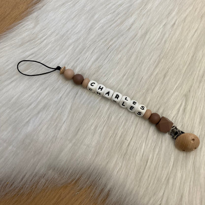 Speenkoord met naam | Gepersonaliseerde siliconen speenkoord | beige tinten