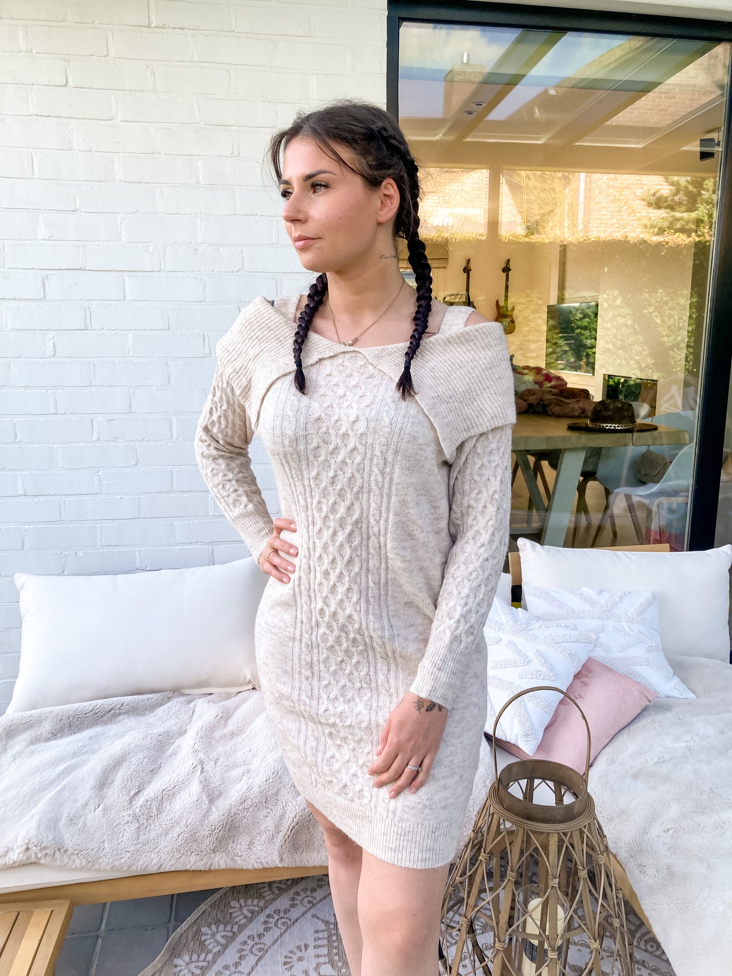 Cable knit sweater dress Beige