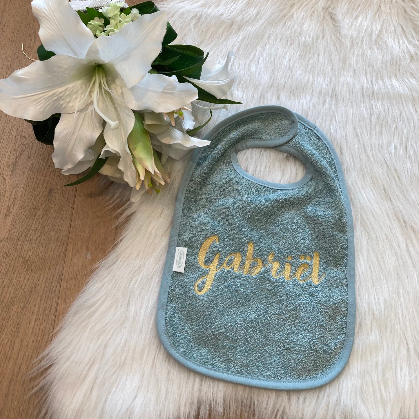 Slab met naam | Gepersonaliseerde baby slab katoen | Forest Moss