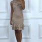 Beige asymmetric ribbed ruffle tube dress