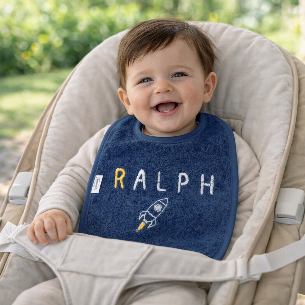 Slab met naam | Gepersonaliseerde baby slab katoen | Demin Blue