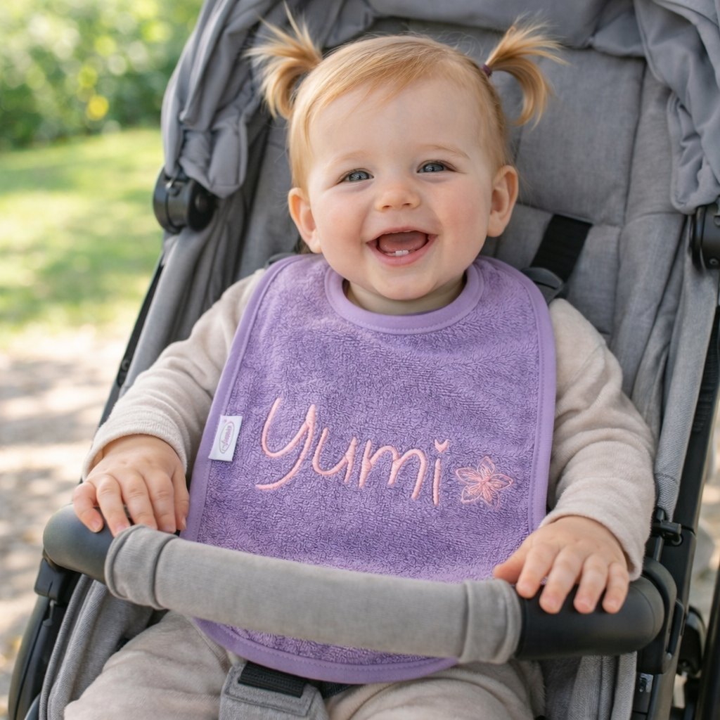 Slab met naam | Gepersonaliseerde baby slab katoen | Soft Lavender