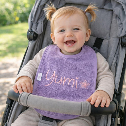 Slab met naam | Gepersonaliseerde baby slab katoen | Soft Lavender