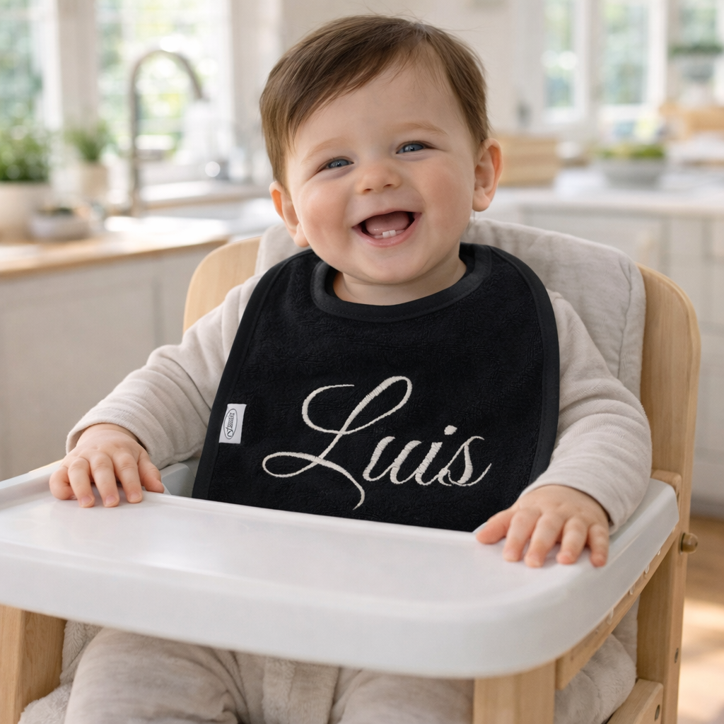 Slab met naam | Gepersonaliseerde baby slab katoen | Midnight Black