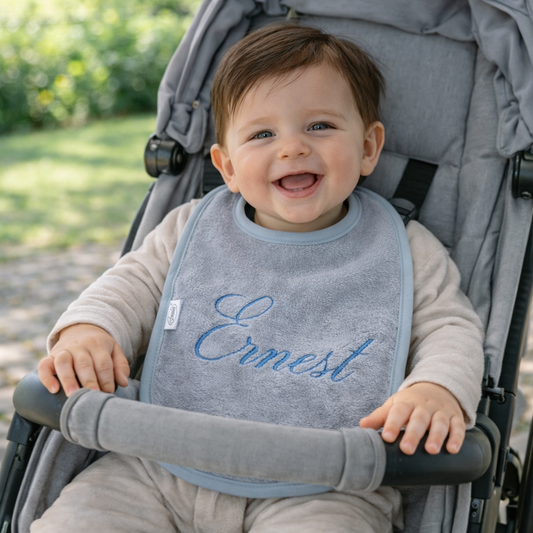 Slab met naam | Gepersonaliseerde baby slab katoen | Strom Grey