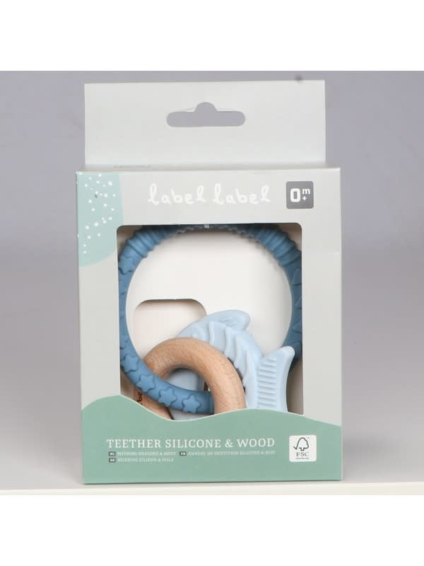 Label Label - Teether Silicone Wood - Fish - Blue