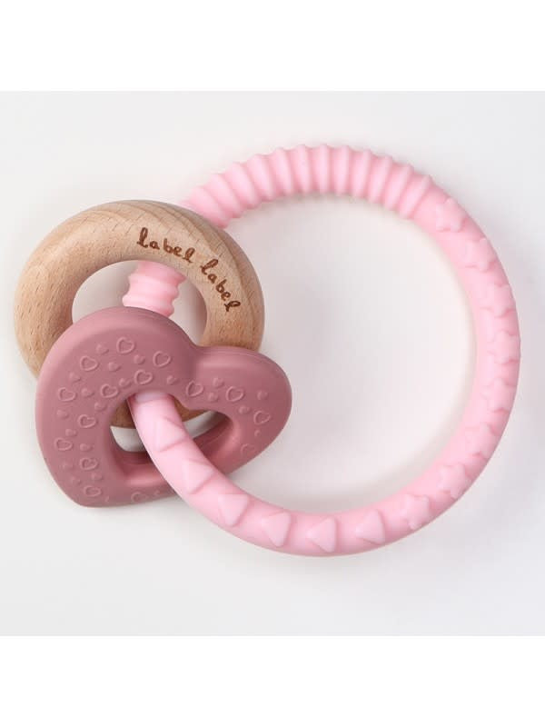 Label Label - Teether Silicone Wood - Heart - Pink