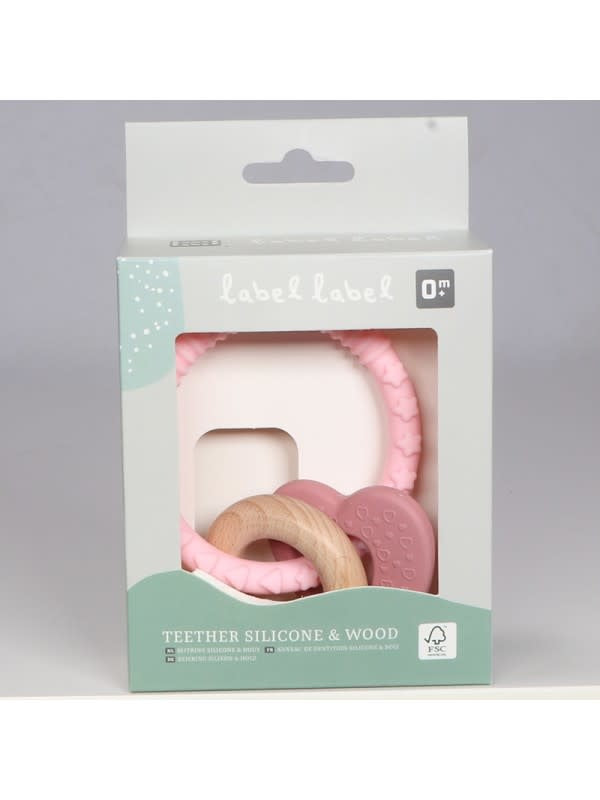 Label Label - Teether Silicone Wood - Heart - Pink